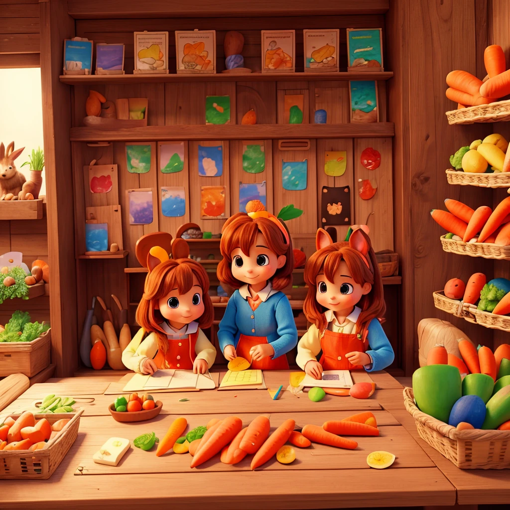 Make a coloring drawing with two cute rabbits buying carrots, they should be in a market.