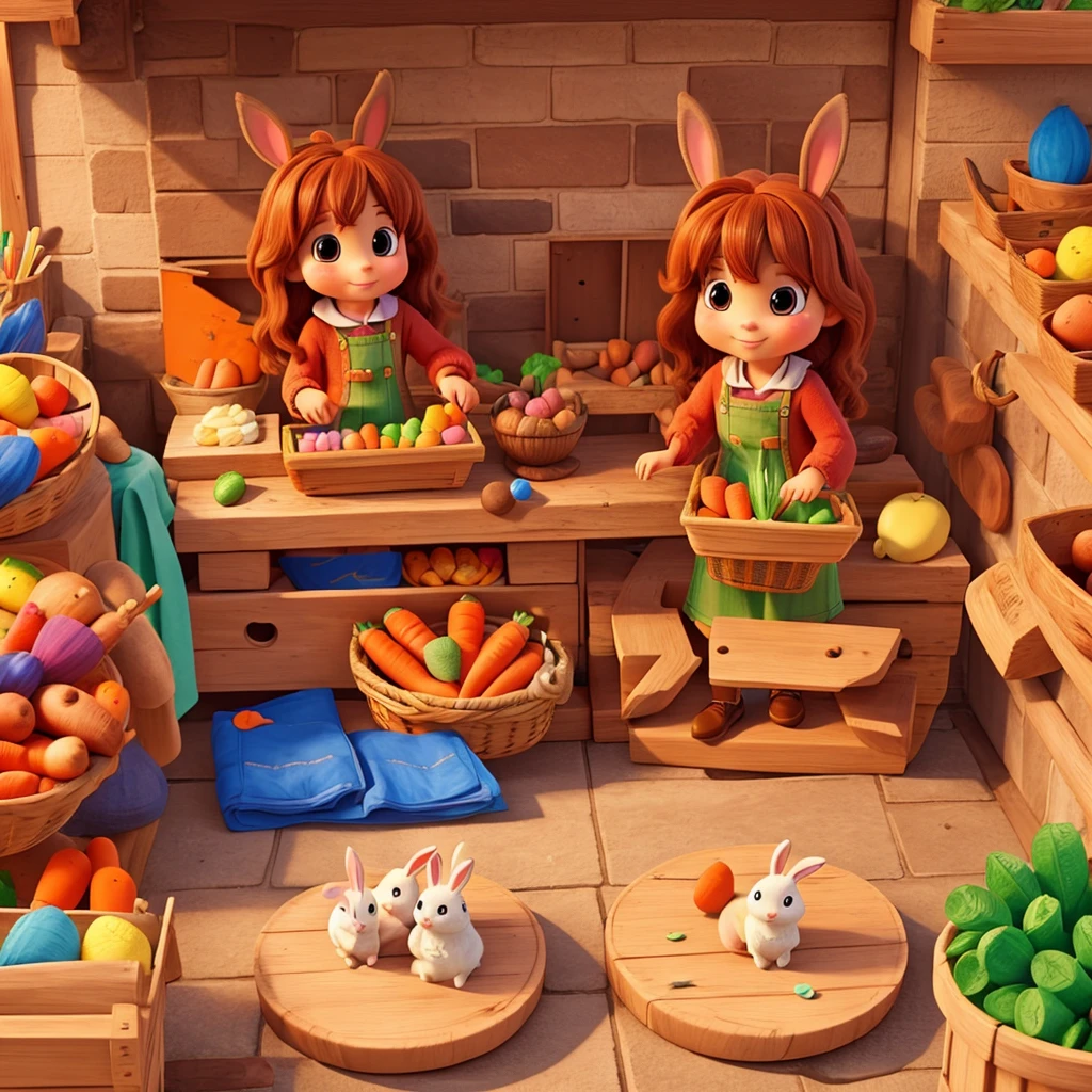 Make a coloring drawing with two cute rabbits buying carrots, they should be in a market.