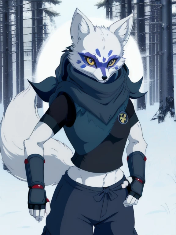 Alopex, arctic fox, furry character, blue mark eyes, tmnt, yellow eyes, 1girl, solo, kunoichi outfits, best quality, masterpiece, fox ears, scarf, fingerless gloves, ninja shorts, forest, day