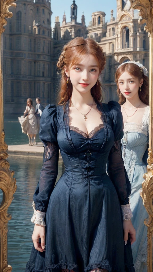 ((Chambord Castle reflected beautifully on the lake:1.3)), ((Photo shoot With the Château de Chambord in the background:1.2), (The entire castle is in the frame.), (masterpiece:1.3), light makeup, red lips, beautiful hair, (Medium Hair:1.3), elegant, soft lighting, Very fine details, masterworks, authentic texture, perfect work, (1 girl), 16k, high resolution, exquisite features, brown eyes, (Ultra-high resolution eye:1.1), Japanese idol, beautiful face,  ((artists work)), (gentle smile like a goddess), attractive, well-shaped breasts, beautiful cleavage, shiny skin, smooth skin, BREAK, ((A long Victorian Rococo dress in blue with gorgeous lace:1.3), BREAK, earrings, necklace, BREAK, Standing position, (A lovely smile)