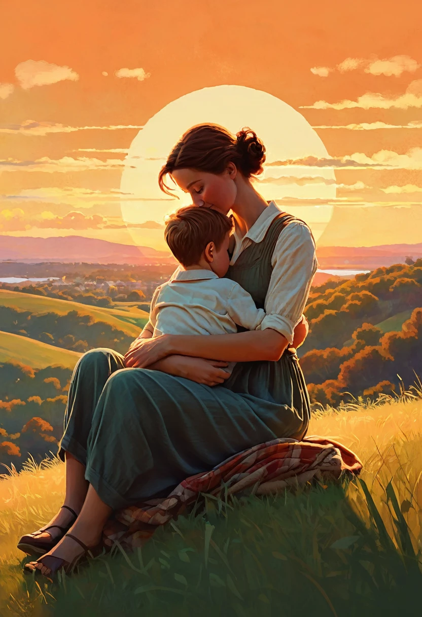 In a tender digital illustration, a young mother sitting on a grassy hill, hugging his son on his lap while watching the sunset together. Inspired by the emotional artwork of Norman Rockwell, capture moments of love and family connection. The color palette is warm and earthy., echoing the hues of the setting sun. The mother's face is sweet and serene., while the child's expression is filled with confidence and affection. Golden hour lighting bathes the scene, infusing it with a gentle, nostalgic glow