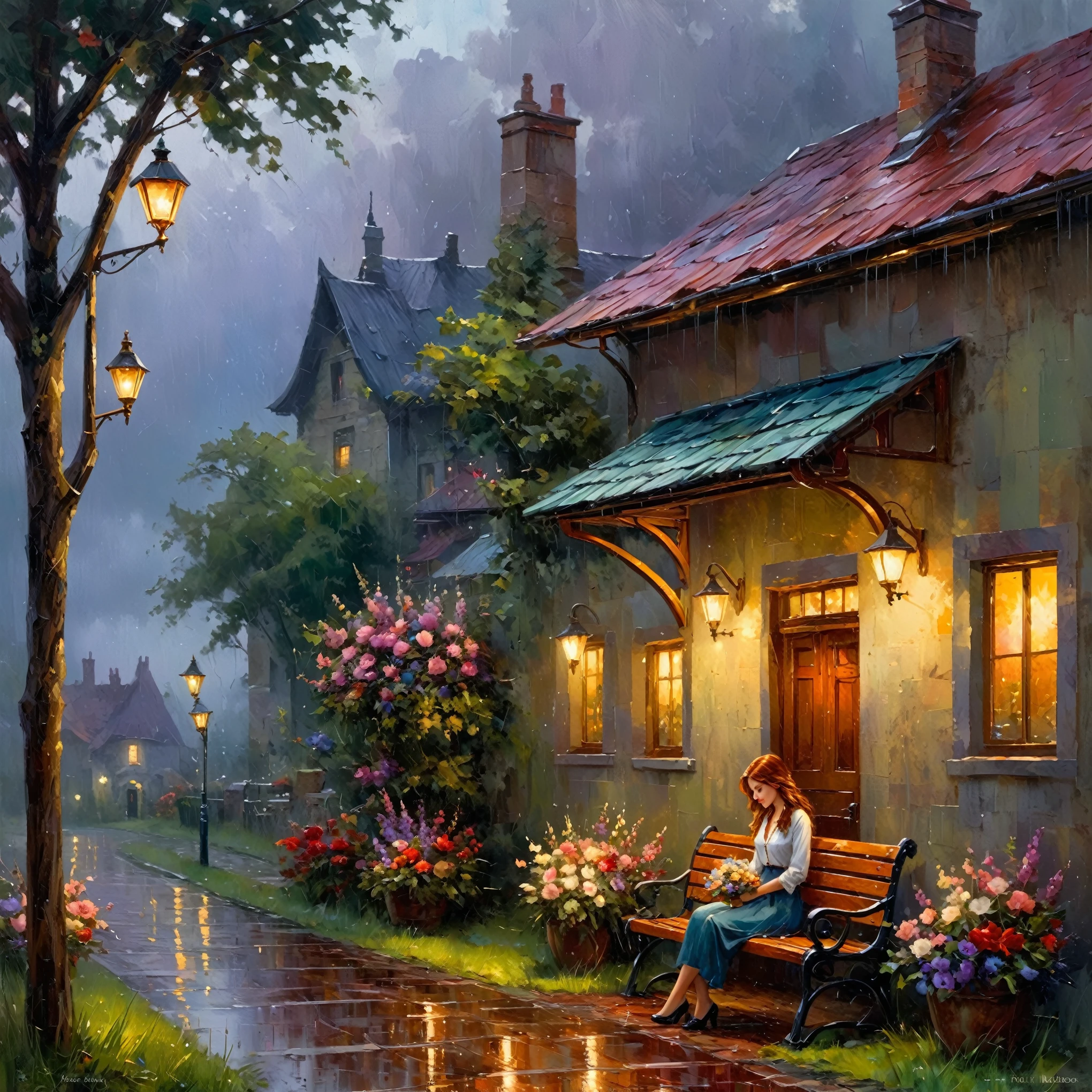 picture of a girl with flowers, sitting on a bench in the rain, near the house, In the evening, by Pablo Munoz Gomez, rainy evening, Thomas Kinkade, inspired by Vadim Kashin, и Мамфорд и Thomas Kinkade, inspired by Jakub Schikaneder, The entry is a couplet, El Bosco and Dan Mumford, Stefan Koidl inspired, Grzegorz Rutkowski