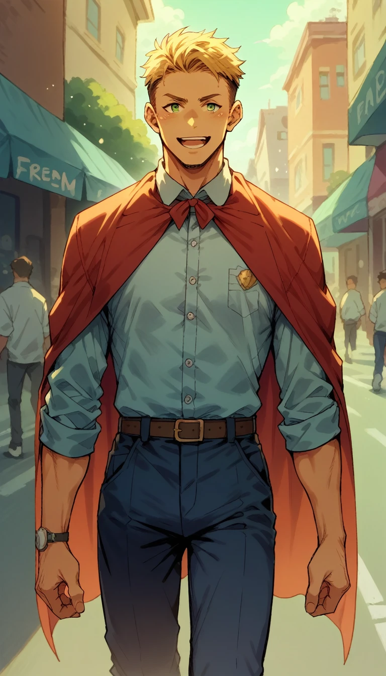 A boy with a happy face is walking on the street with a polo shirt, wearing a yellow, blue and red cape, with the text “Freedom.”