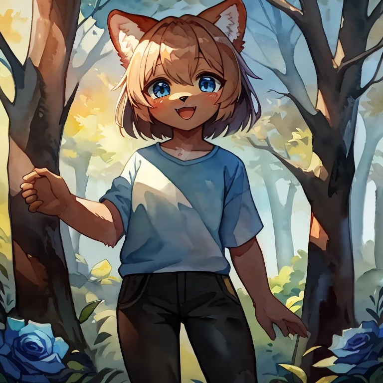 Masterpiece, best quality, high quality, Watercolor elements, 1girl, Solo, kemono, furry, detailed Brown body fur, animal face, has animal hand, has Blue eyes, wears a Blue T-shirt with a Black jeans, holding a Blue Rose, happy expression, standing, in the Forest, sunny day