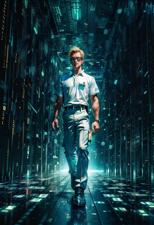 Perfect masterpiece, EXTREMELY DETAILED CG UNITY 32K UHD QUALITY RESOLUTION, CRU photo, award-winning portrait, offcial art, photorrealistic, Photogenic clarity, hyperrealisti, 超detailded, The most handsome and dashing businessman, short blonde hair, vibrant moonlight eyes, chiseled jaw, wearing glasses, polo shirt and khaki pants, sitting at your laptop, working on his laptop, confident facial expression, determined and intrigued, ((illuminated hyperfuturistic holographic matrix style coding on your laptop))((hyper futuristic holographic matrix coding style background, he is surrounded by futuristic holographic matrix style coding, perfect vibrant primary blue, neutral ivory, Neutral and accent sea green color theme, perfect color scheme 1.3))