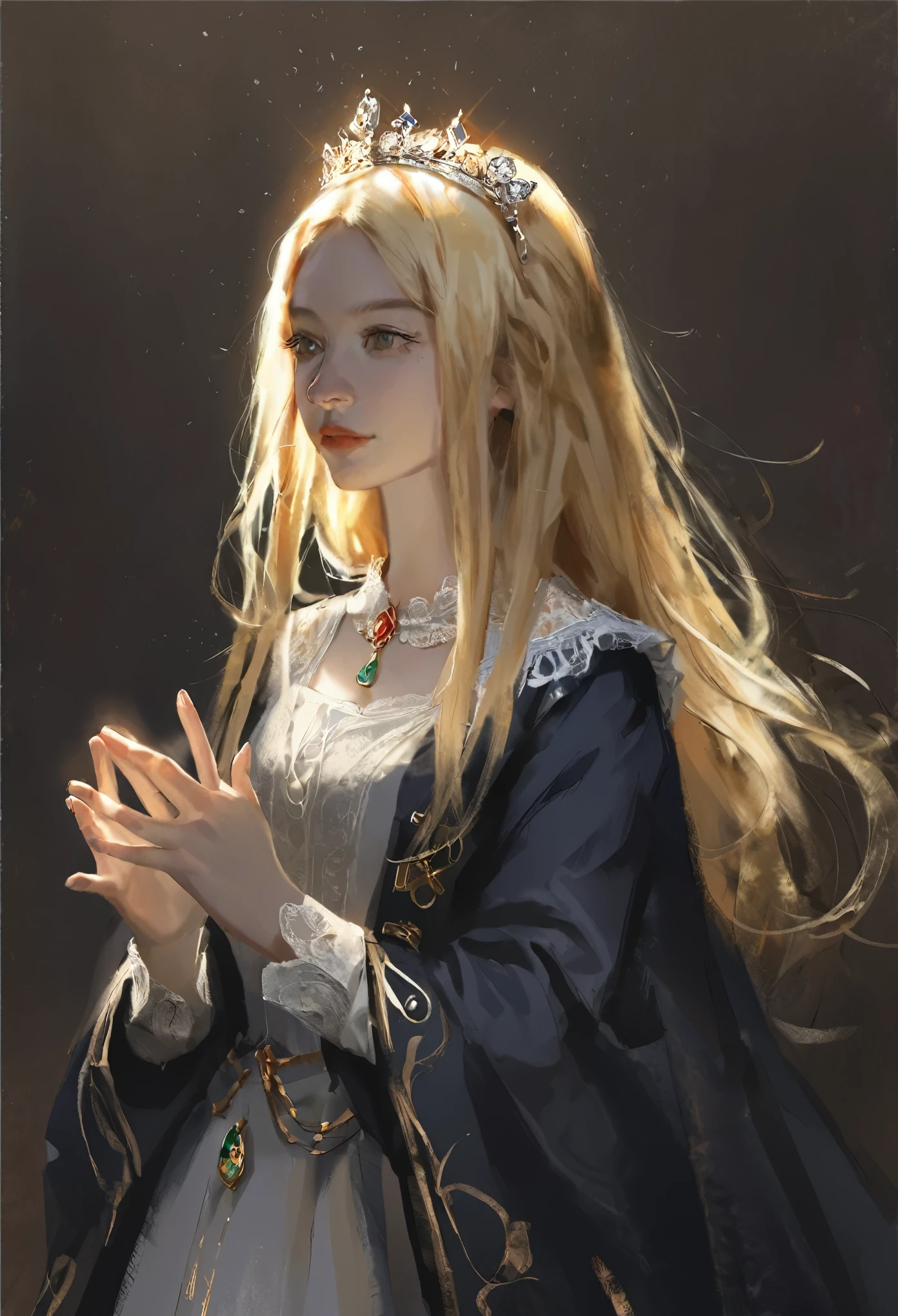 score_9, score_8_up, score_7_up, score_6_up, score_5_up, score_4_up, A blonde girl standing, royal clothes, no tiara, loose long hair, black background, dramatic diagonal lighting, painterly, realistic painting, soft feature, detailed hands, detailed, rembrandt lighting, artwork of upper body