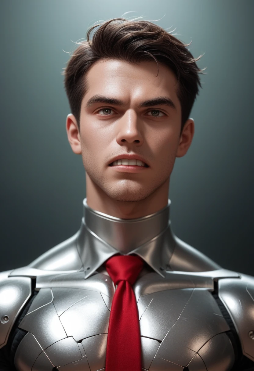 Create the image of a young man, slightly strong, com about  no style digital art anime 2d fanart simple, he has metallic skin, como se fosse feito de metal, his entire face and neck are covered in metal alloys, as if he were a robot, your hair is a little below the back of your neck, na cor branca, slightly wavy, your eyes are vibrant red, the same color as blood, He has a determined expression and a fierce gleam in his eyes, your teeth are slightly pointed, He is wearing a gray and green , with red tie