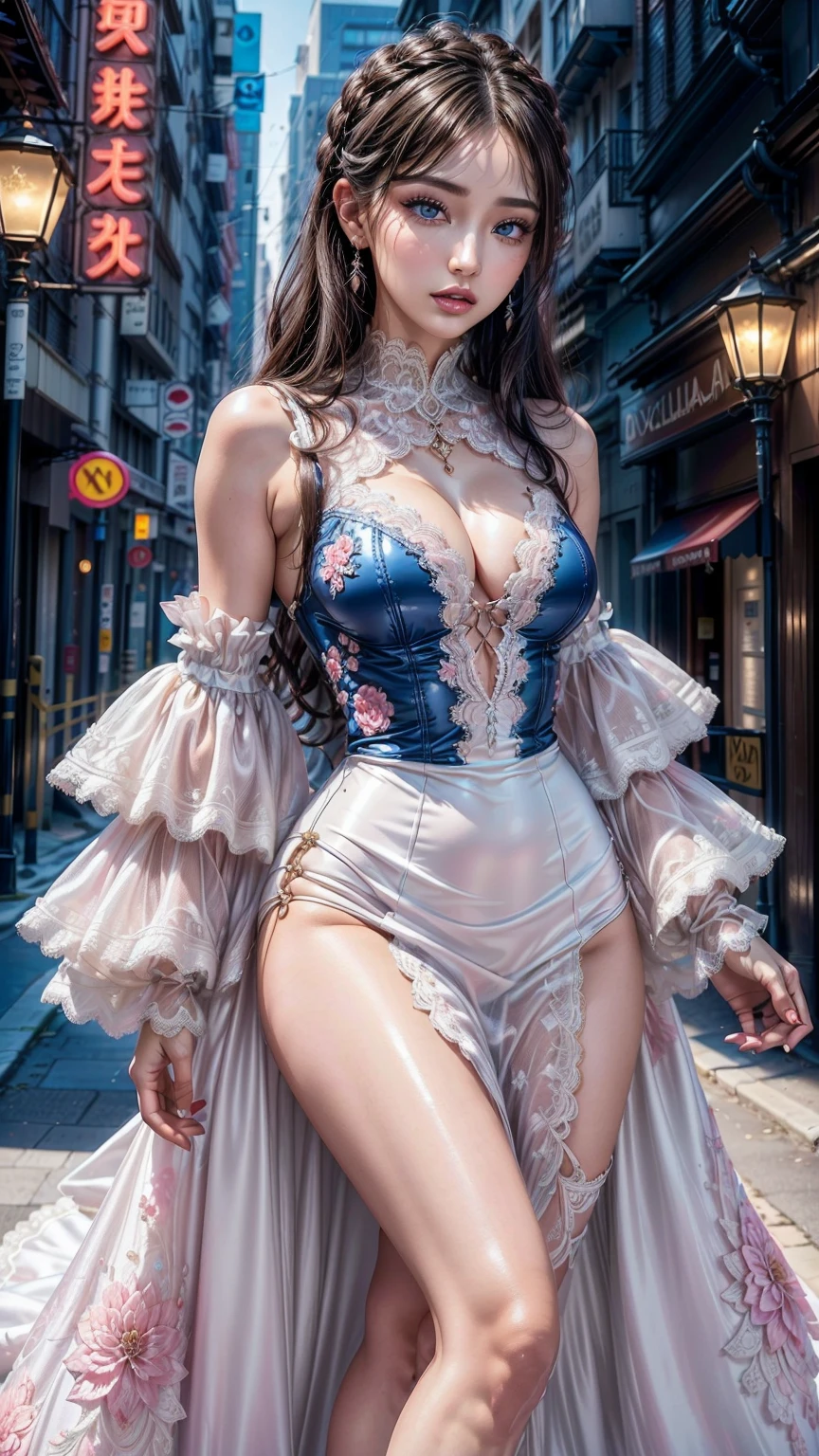 quality\((ultra high resolution)), ((An improvement of the most absurd quality:1.2)), ((photorealistic Realism 16K Quality)), vivid colors, (vivid colors, multicolor ((white, orange, ultraviolet, black)) in her outfit:1.32), (ultra-fine digital art\), ((Realistic eyes clear, sharp, absurd quality, not blurry brown_eyes:1.3)), (super detailed professional makeup on eyes:1.3), (highest quality texture skin), (Highly quality texture hair), (curly hair, ((slicked to the two side)), intricately details:1.3), (perfect proportions), (narrow waist), medium ass,beautiful cheekbones,slim belly:1.2,(slim-muscled body:1.22), (firm and full breasts), ((super details beautiful face)), (pink_makeup:1.3), blue_eyelashes, (glossy red_lipstick:1.21), (perfect dark_eyeshadows:1.45), (super detailed professional makeup on eyes:1.2)., BREAK, (microscopic street outfit:1.2), (minimalist provocative styling outfit:1.25), ((highly elaborate extravagant microscopic street outfit:1.3), (minimalist provocative styling:1.26)),\ White Dress, (silk tight Dolce&Gabbana. Floral dress:1.25), elegant fashion intricately detailed:1.33), floral couture, (clothes made of silk and printed flower), ((Wearing tight fitting dresses)), (black latex:1.28), ((latex bodysuit lace)), ((Intricate detailed multi-layer Dress lace with,\ [blue:flower] \and pink: fishnet:1.45)), ((white lace:1.22\)), BREAK, background\(((city night:1.4), (neon sign), ((night):1.2))). Cinematic Light, (octane rendering, ray tracing), (((photo from head to knee:1.37))), (Proportions are based on a 7.5 head scale). 