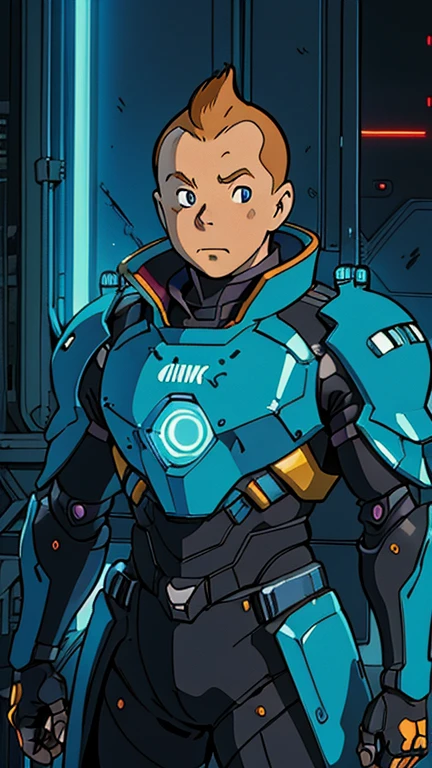 (Teens:1male: Tintin), (extremely detailed CG unit 8k wallpaper),(master part), (best quality), (ultra detail), (best illustration),(Technological armorMix), cowboy shot, (Sharp eyeliner, ombre, detailed eyes:1), dark neon light cyberpunk indoors background, ,break , (ghibli style), upper body