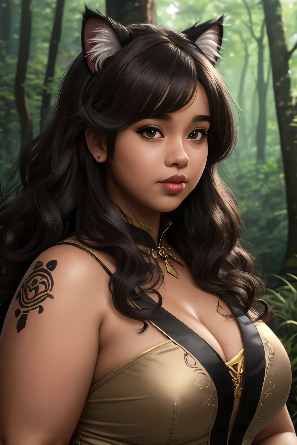 illustration semi-realistic of dark brown skin latina girl, 25 year old, plus size, curvy, overweight, black eyes, black curly hair, big lips, anime, sleek design, cat ears, brown skin, dark skin, sideswept hairstyle, round face, fantasy clothing, forest background, wearing fantasy outfit, chubby face, very curly hair, black hair,