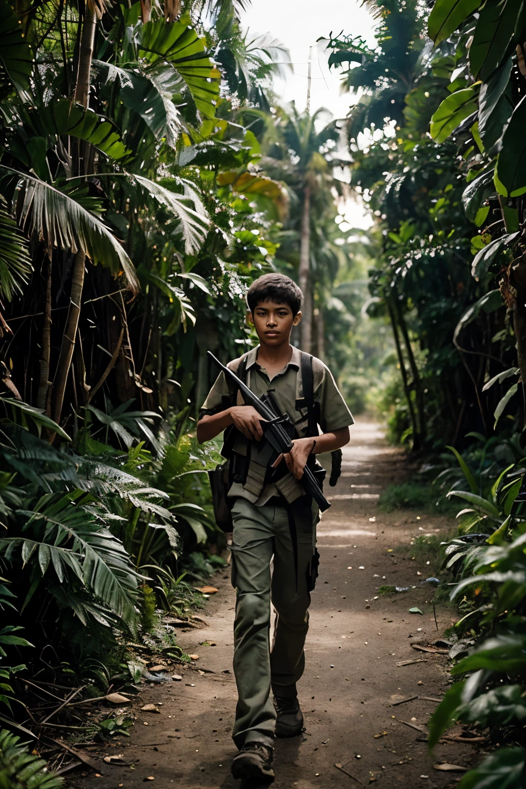 A tall thirteen year old male walking through the jungle with a shotgun in his hand