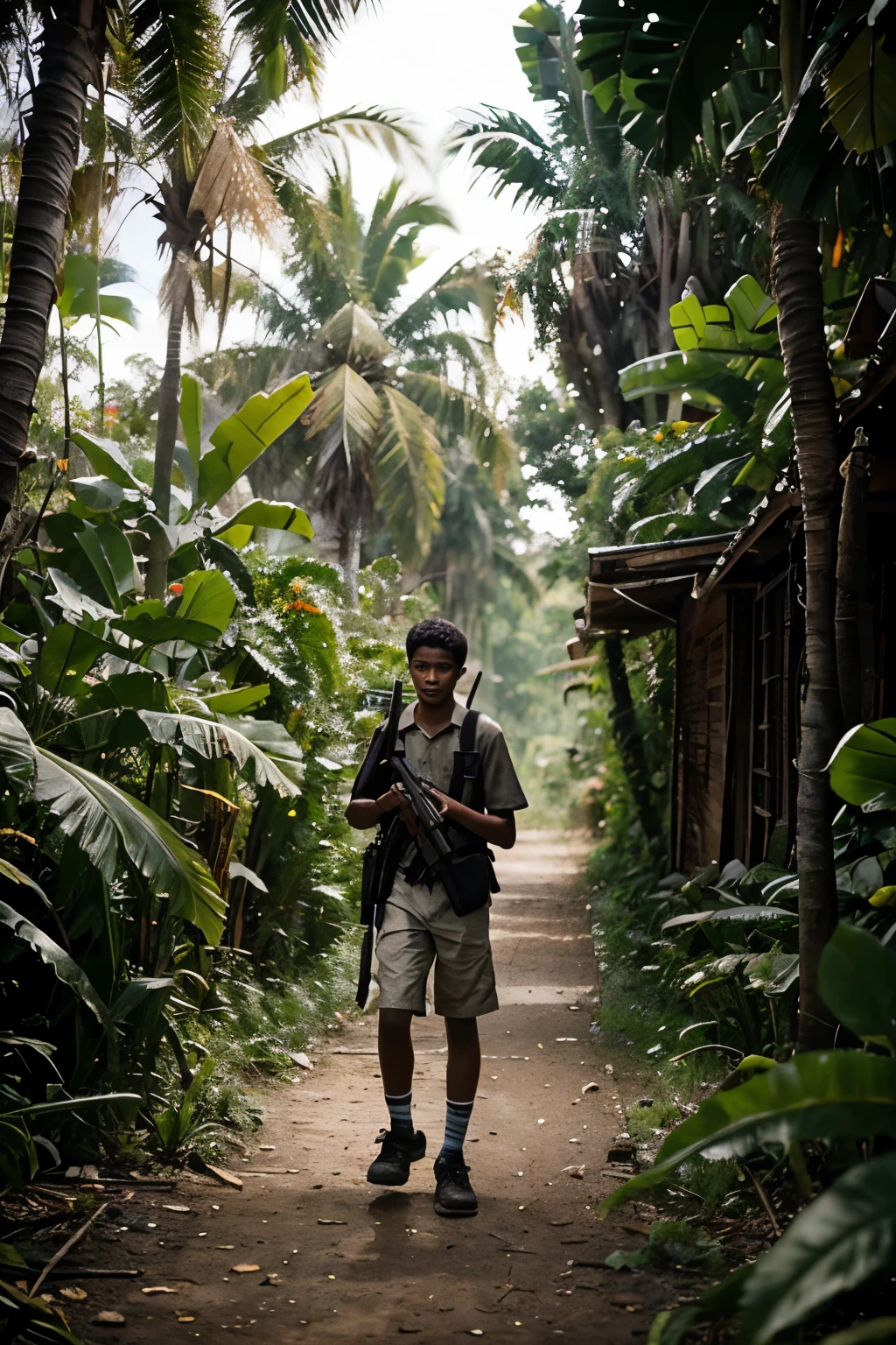A tall thirteen year old male walking through the jungle with a shotgun in his hand