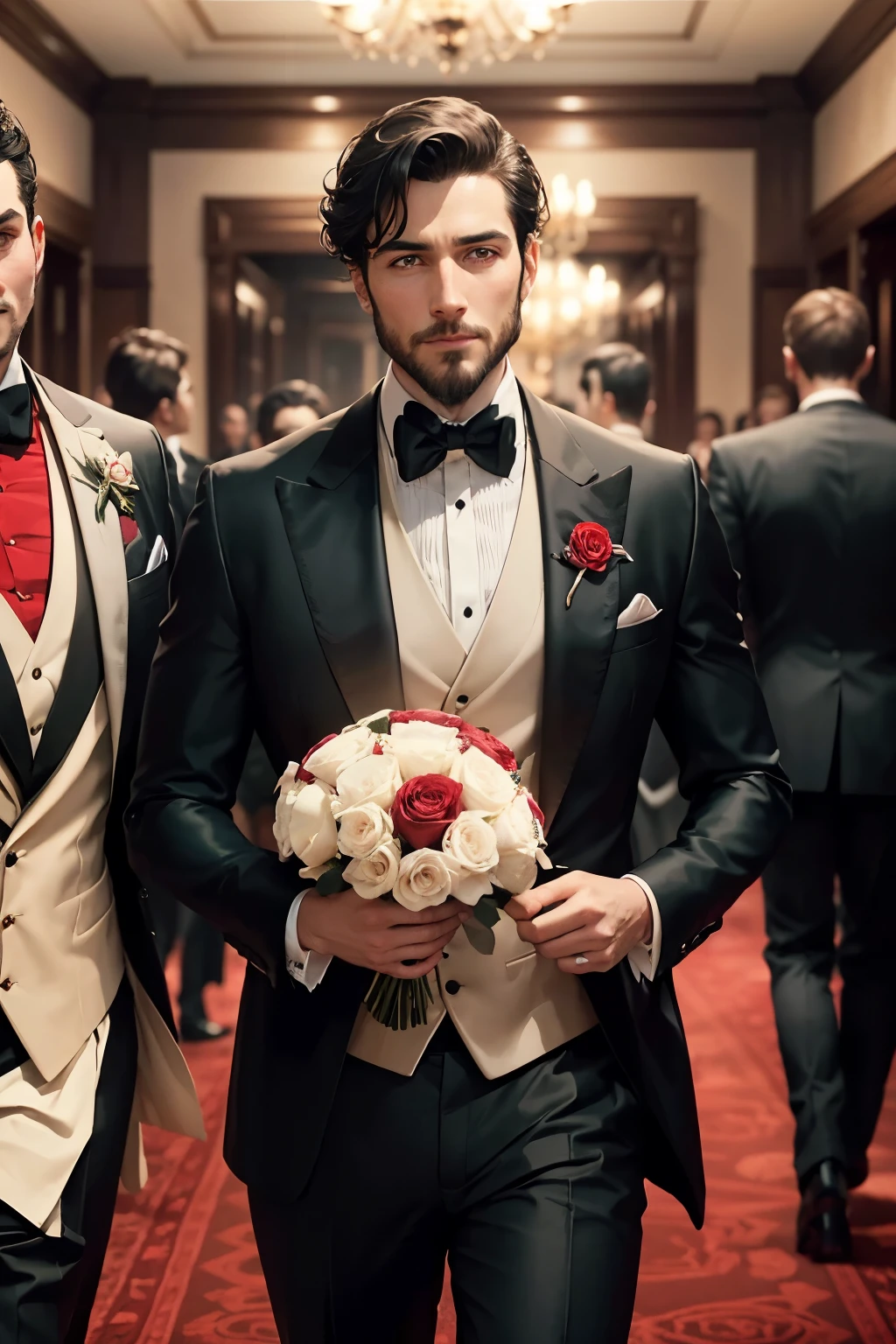 A distinguished gentleman, elegantly dressed in a tuxedo, is gracefully carrying a vibrant bouquet of roses. The petals are a radiant mix of crimson and cream, arranged artfully in a sleek vase. His eyes sparkle with charm as he approaches a group of women, ready to make their day with his exquisite gift.