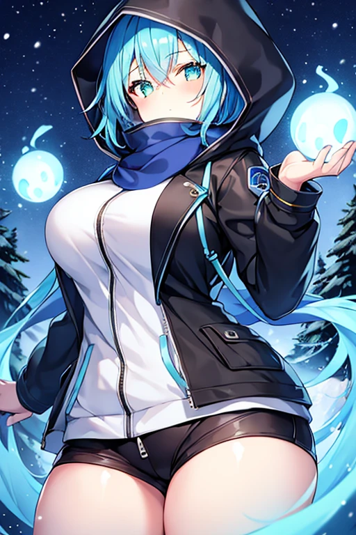 1girl, blue hair, medium hair, large breasts, breasts, green eyes, scarf, covered mouth, jacket, forest, snow, black jacket, hoddie, hooded jacket, hood on, hood up, zipper, gloves, glowing hair, glowing eyes, light blue hair, sky blue hair, night sky, sky, stars, pants, tall, hourglass figure, mature female, thick thighs