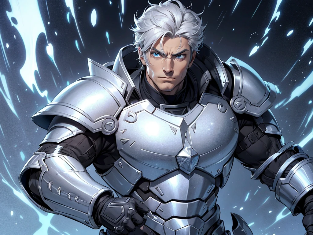 Txt2Img A robust man, with heavy golden armor. His gray hair is short and his blue eyes express determination and compassion.. black and white manga style.