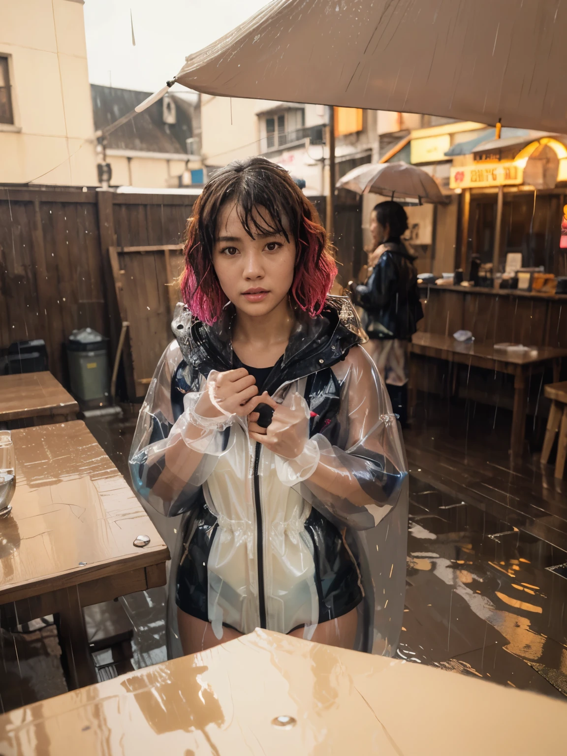 (realisti:1.3), delicate detailed, Quality, Rembrandt lighting, (masterpiece:1.2), (photorealisti:1.2), (best Quality), (Intricate detailing), dramatic, Raytracing, 1 girl, japanese girl, 21 years old, short curly hair, (bright colours), (Plastic Raincoat, Translucent material:1.2), Functional sense, see through, Neo-Tokio, cyberpunk, neon lights, severe thunderstorm, dark clouds, Strong winds, (Rain:1.3), windswept, floating hair, aquatic, Wet, puddles,(establishing shot:1.2),