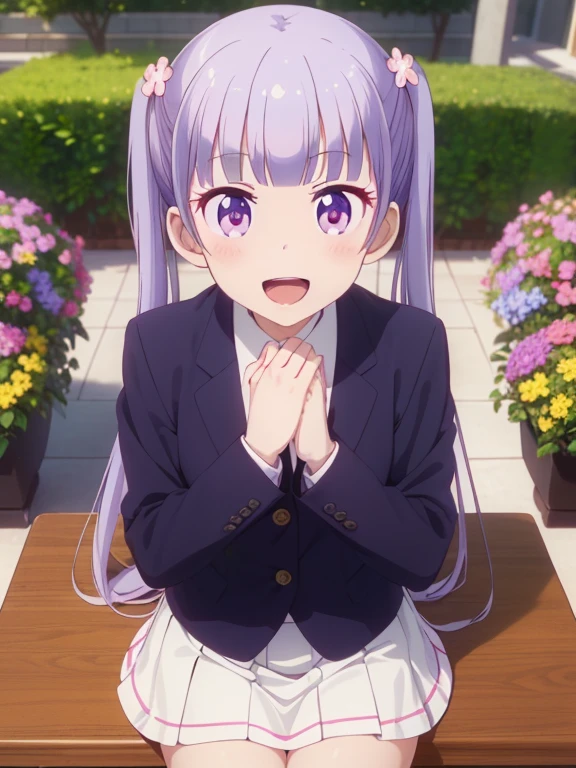 (table top, highest quality, High resolution, nffsw, perfect pixel, Depth of the bounds written, 4k), beautiful anime girl, perfect body, , (smile, open your mouth:1.6) aoba suzukaze, ribbon, suit, jacket, skirt,, (hands under chin:1.8), flower garden, lots of flowers, 1 girl, solo
