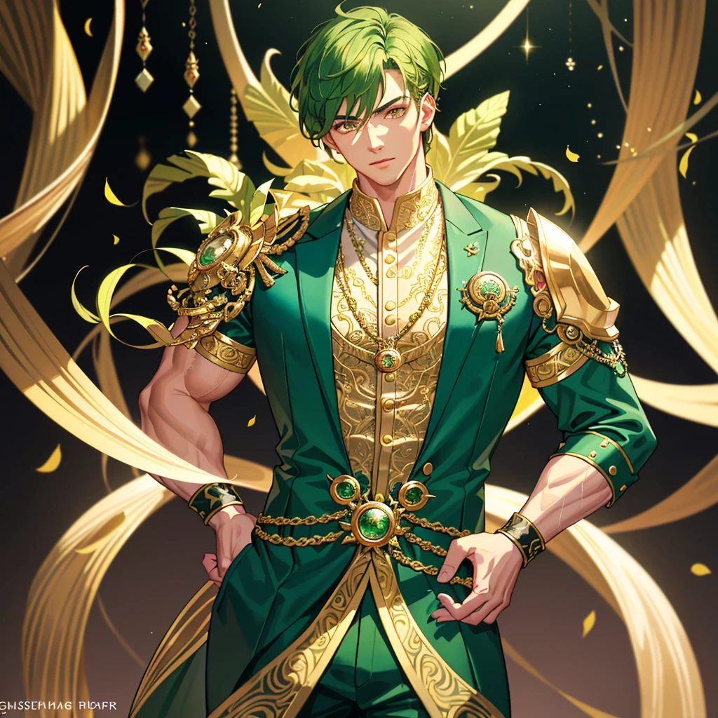 masterpiece, Best Quality, painting of ((a strikingly handsome and muscular man with short vibrant green hair and captivating golden eyes.)), dressed in an intricate emerald green costume, vest, inspired by plants, steampunk, exuding confidence, depicted in a dynamic full body pose