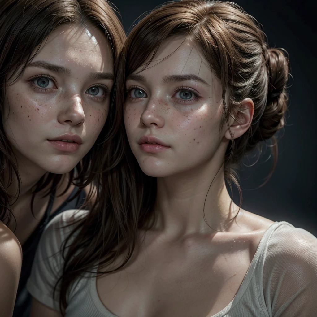 generate an image of a human in the Resident Evil game characteristics based on these descriptions: a woman of average height, Light brown bun hair, black eyes and soft freckles around the face. a SHORT fringe over the forehead