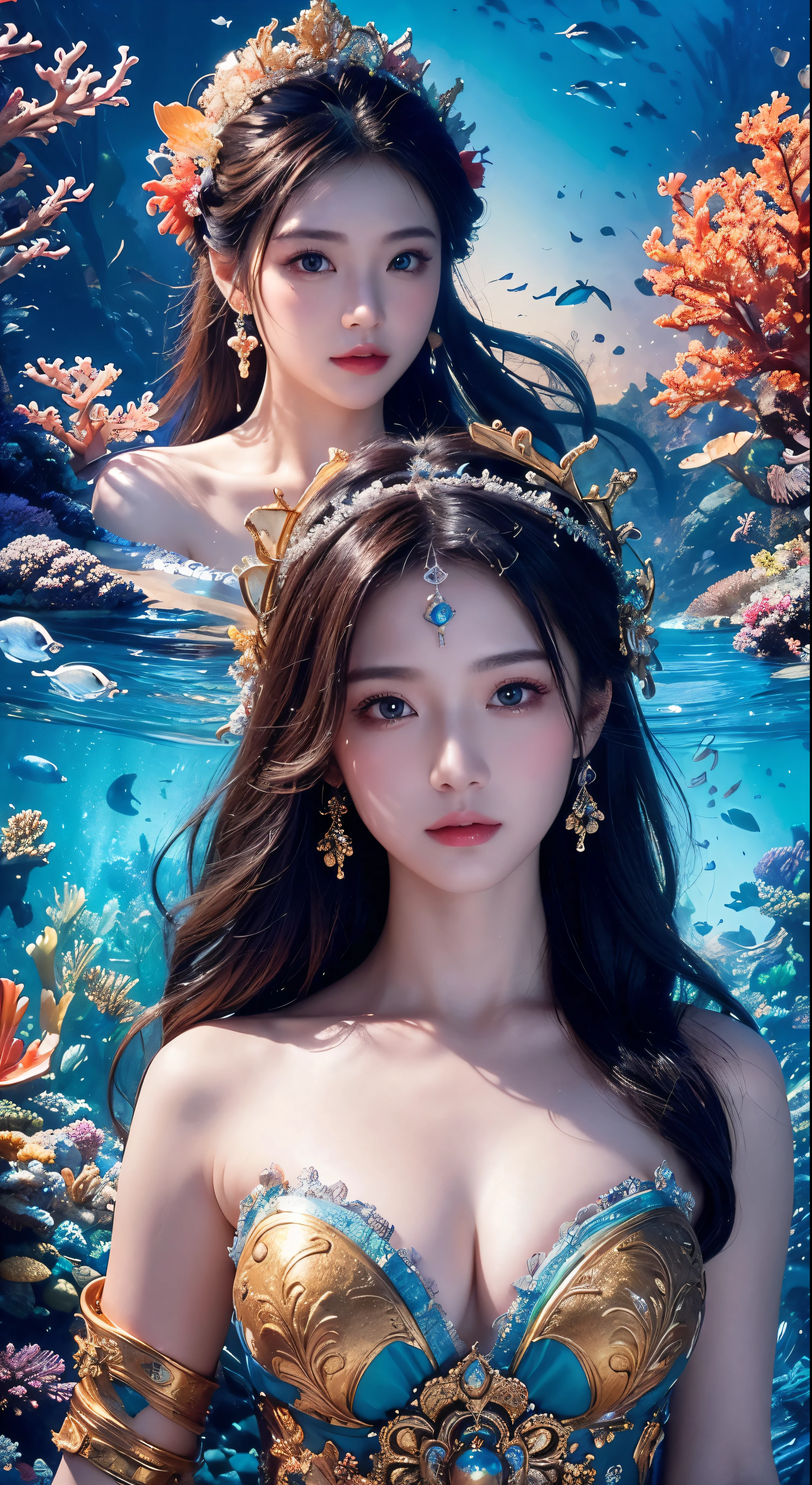 (masterpiece、Highest quality:1.2)、Super Detail、Cinematic lighting、HDR、Underwater world、The Goddess as her habitat in the sea、colorful、Beautiful monk、Colorful coral reefs、Very detailed、High contrast、Golden ratio composition、Magnificent view、masterpiece、Facial details