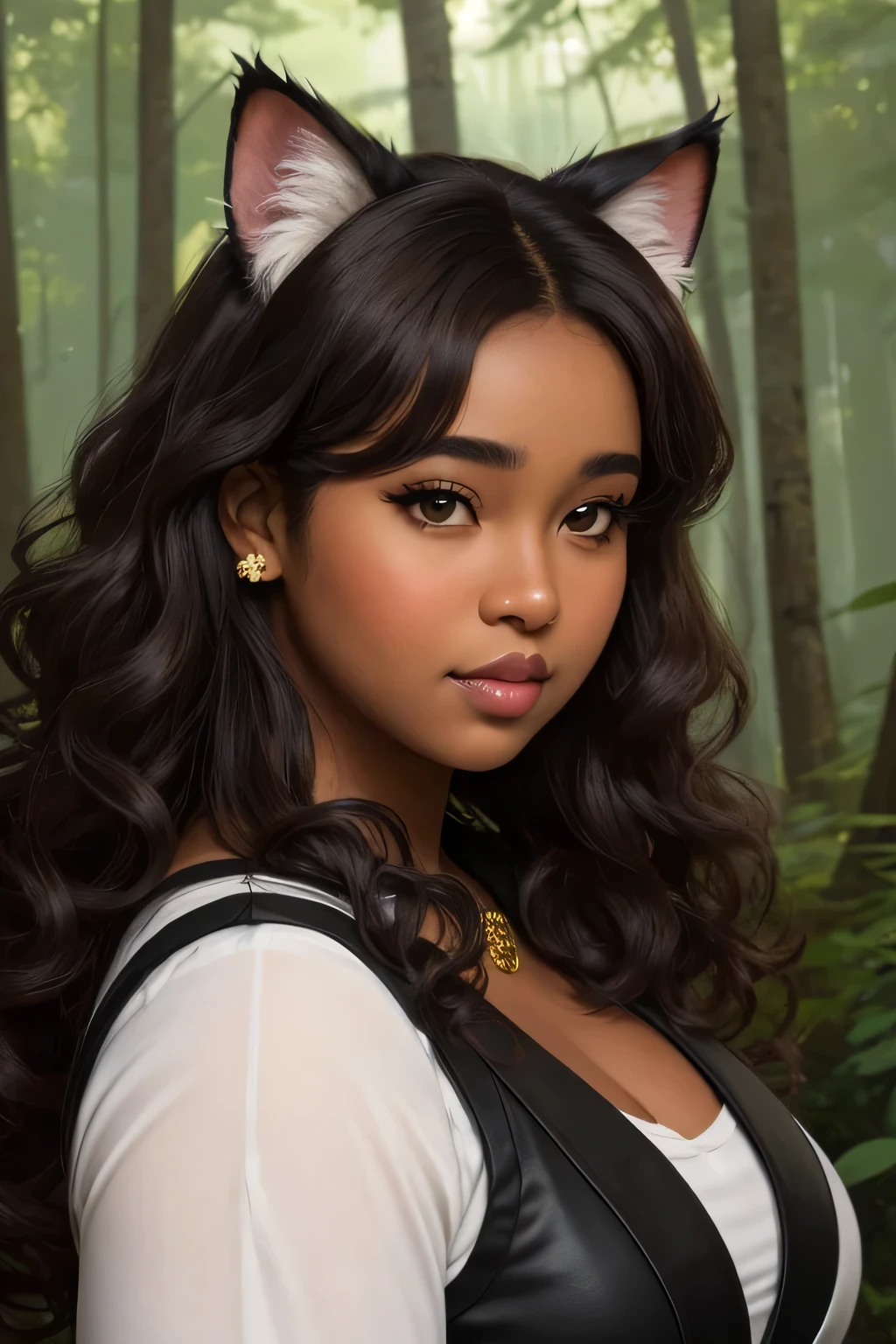 illustration semi-realistic of dark brown skin latina girl, 25 year old, plus size, curvy, overweight, black eyes, black curly hair, big lips, anime, sleek design, cat ears, brown skin, dark skin, sideswept hairstyle, round face, fantasy clothing, forest background, wearing fantasy outfit, chubby face, very curly hair, black hair, chubby cheeks, chubby face, brown skin,