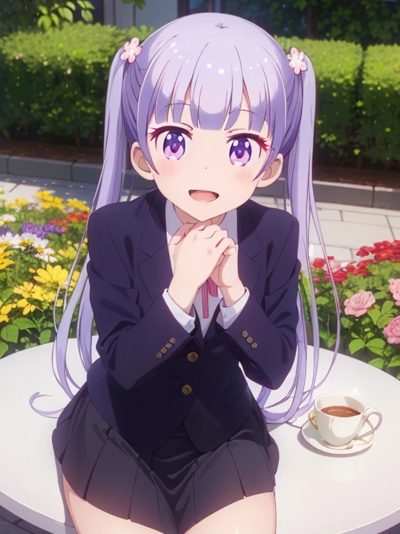 (table top, highest quality, High resolution, nffsw, perfect pixel, Depth of the bounds written, 4k), beautiful anime girl, perfect body, , (smile, open your mouth:1.6) aoba suzukaze, ribbon, suit, jacket, skirt,, (hands under chin:1.8), flower garden, lots of flowers, 1 girl, solo
