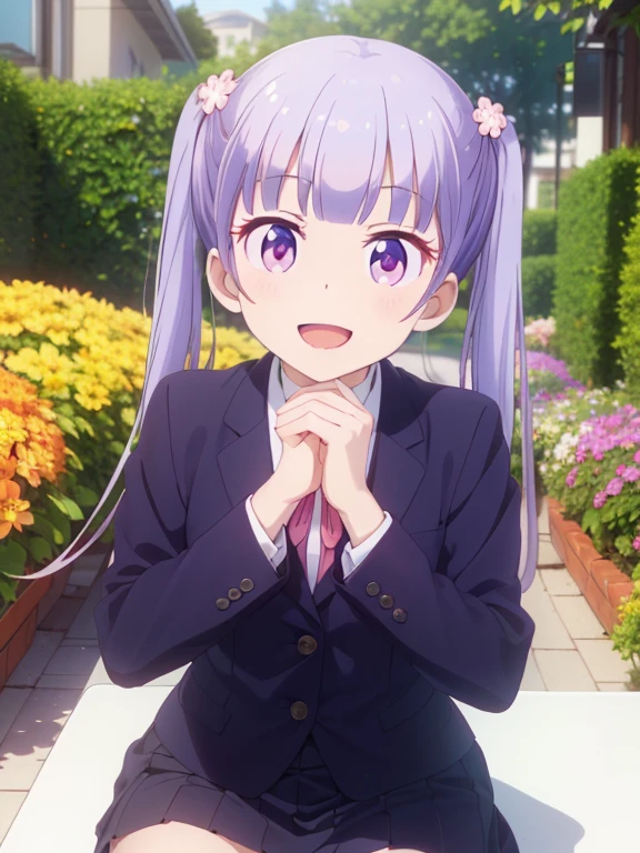 (table top, highest quality, High resolution, nffsw, perfect pixel, Depth of the bounds written, 4k), beautiful anime girl, perfect body, , (smile, open your mouth:1.6) aoba suzukaze, ribbon, suit, jacket, skirt,, (hands under chin:1.8), flower garden, lots of flowers, 1 girl, solo
