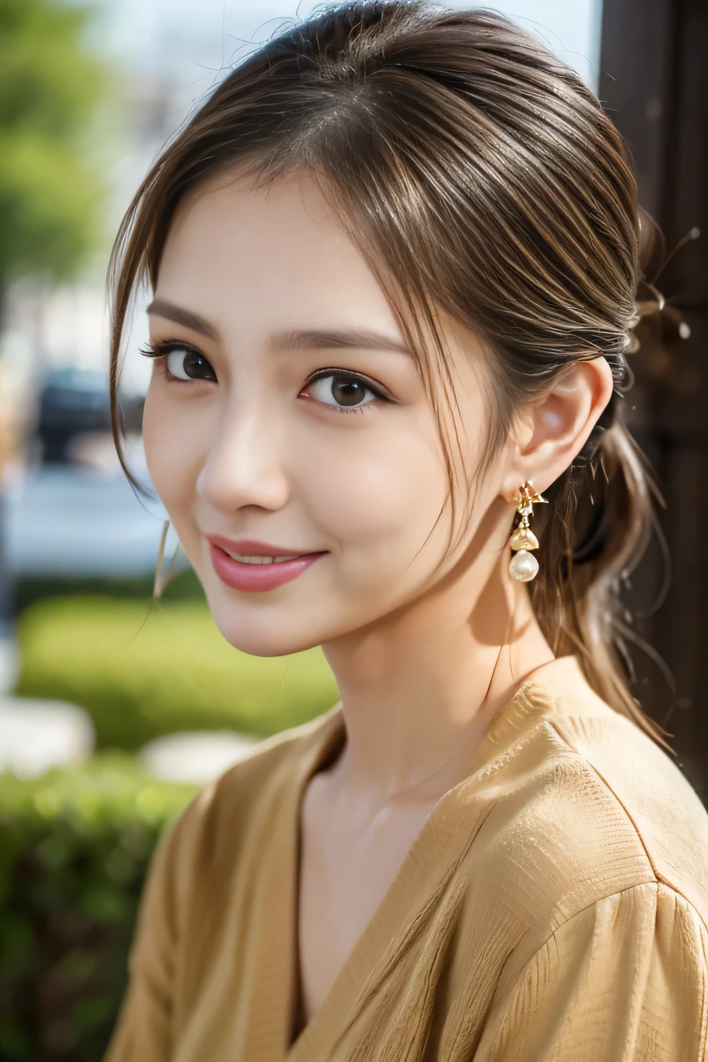 light brown hair, ponytail、All of her hair is slicked back, It is tied so tightly that the shape of the head is visible.、widow's peak, Small eyes、tareme, amber eyes, heart earrings, grin, depth of field, first-person view, uhd, anatomically correct, textured skin, super detail, best quality、Close-up of face、