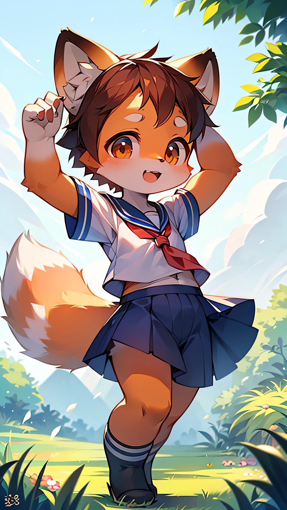 Red Panda Girl,Characteristics of Sailor Suits,super high quality,Very detailed,High resolution,Cute art style in anime,Rice field scenery,(Cheerful teenager,13 years old:1.3),alone,single,Woman with beautiful face,