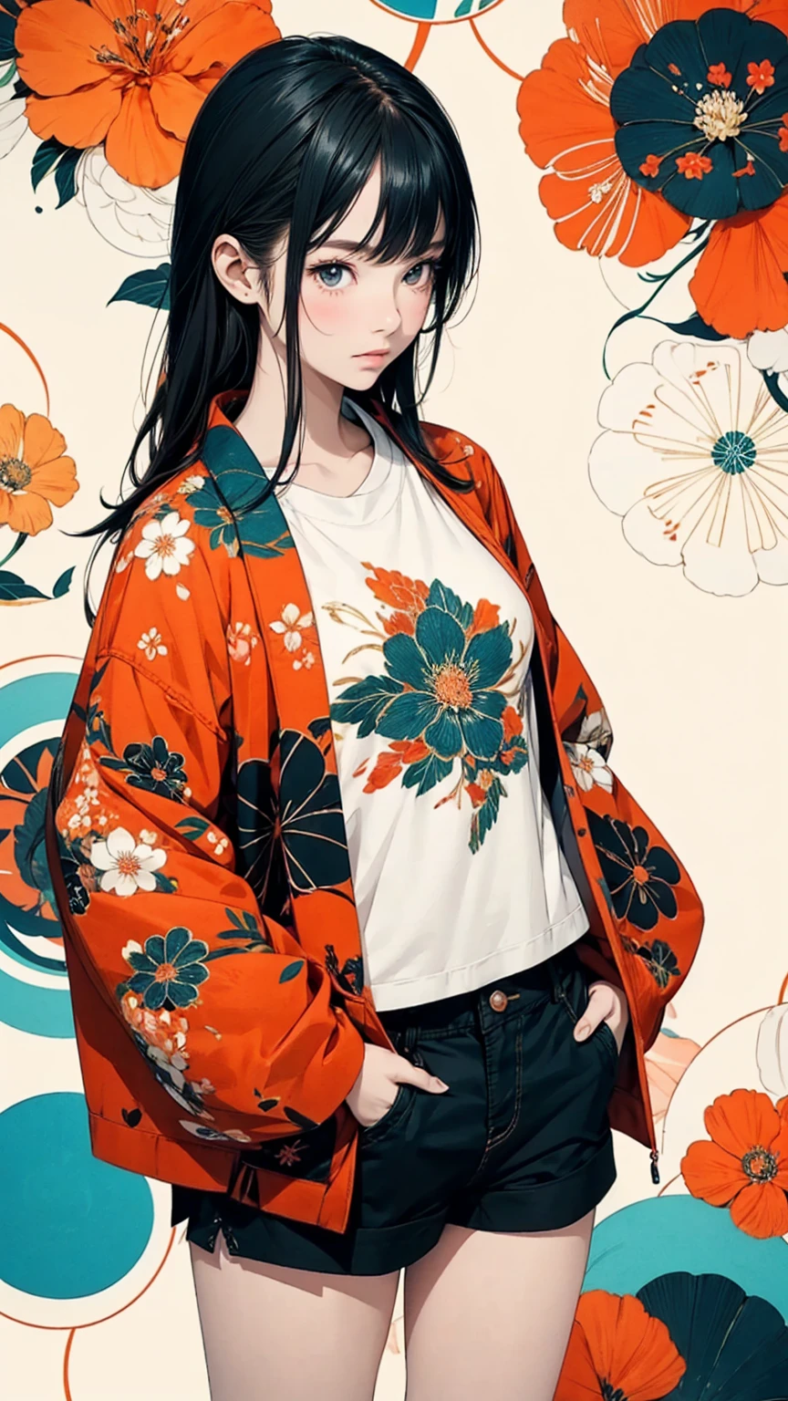 From above, 20-year-old woman, Hands in pockets, Coordination of Japanese pattern jacket and micro mini shorts:1.2, Petal Collage, abstract design, artistic juxtapositions, And handle background, warm color, mixed-media approach, Anime Style, Simple lines, Digital Painting, (masterpiece, High resolution, Highest quality)