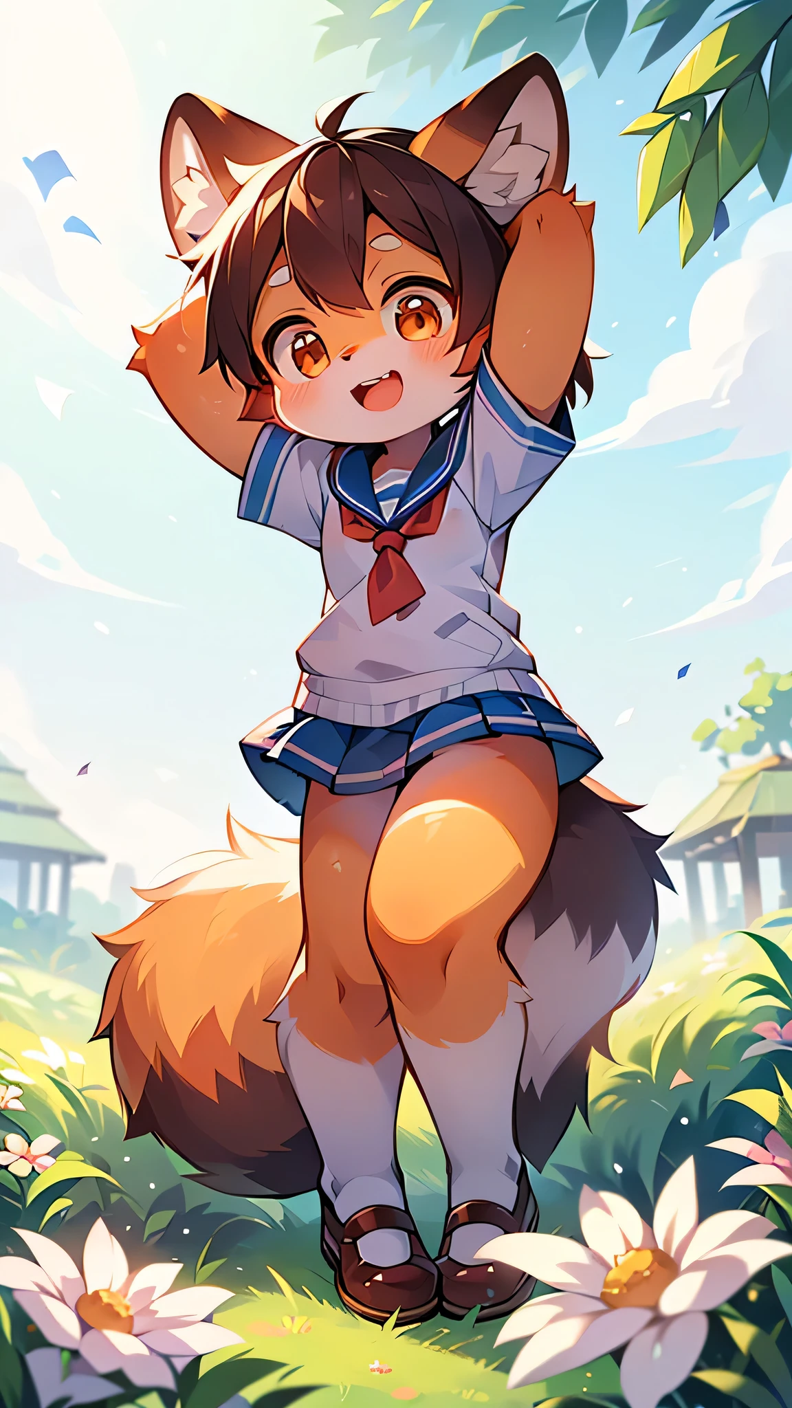 Red Panda Girl,Characteristics of Sailor Suits,super high quality,Very detailed,High resolution,Cute art style in anime,Rice field scenery,(Cheerful teenager,13 years old:1.3),alone,single,Woman with beautiful face,