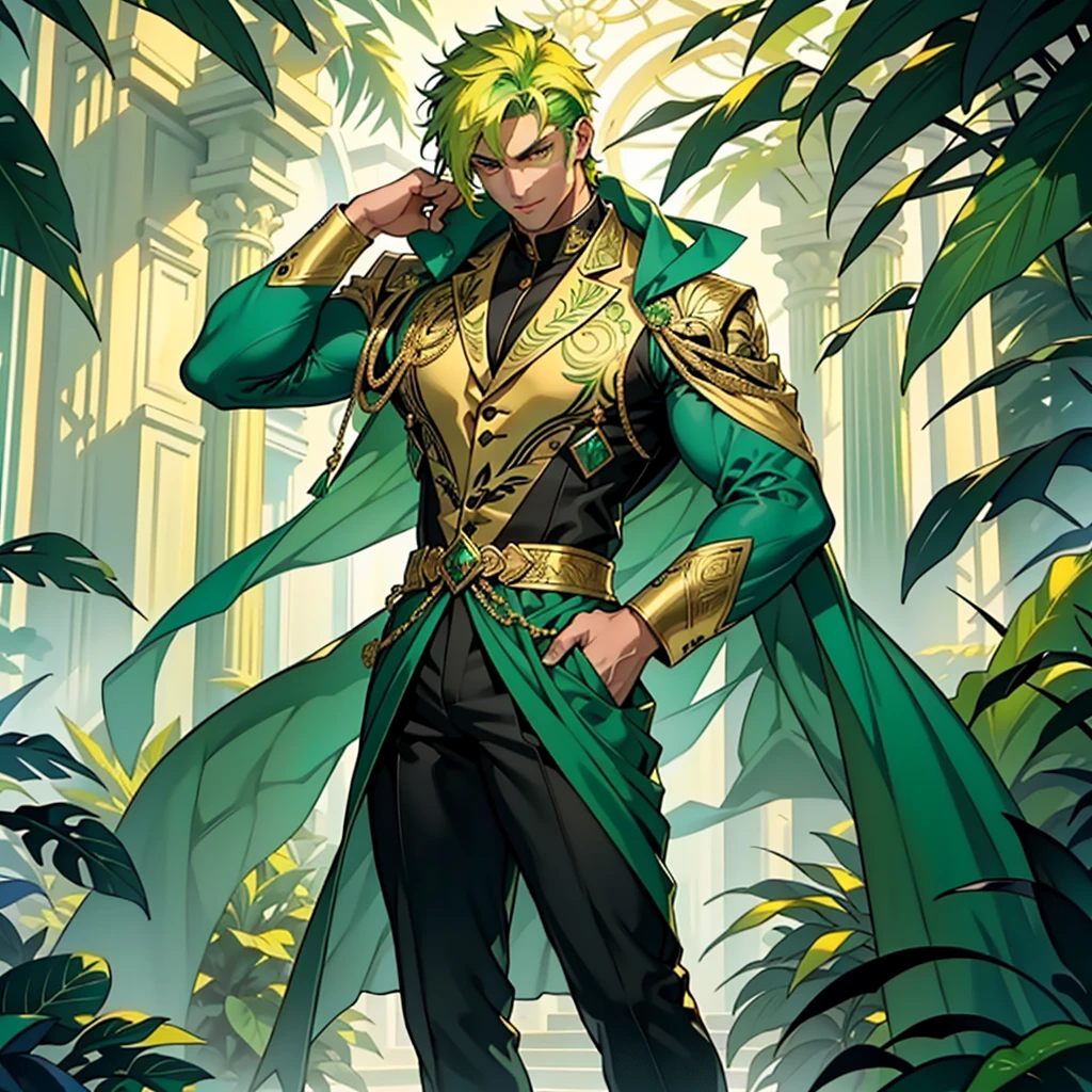 masterpiece, Best Quality, painting of ((a strikingly handsome and muscular man with short vibrant green hair and captivating golden eyes.)), dressed in an intricate emerald green costume, inspired by plants, exuding confidence, depicted in a dynamic full body pose