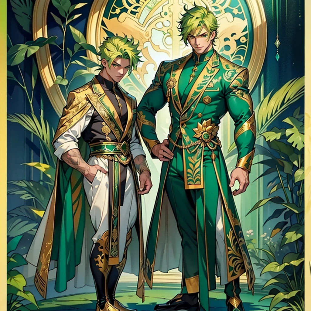 masterpiece, Best Quality, painting of ((a strikingly handsome and muscular man with short vibrant green hair and captivating golden eyes.)), dressed in an intricate emerald green costume, inspired by plants, exuding confidence, depicted in a dynamic full body pose