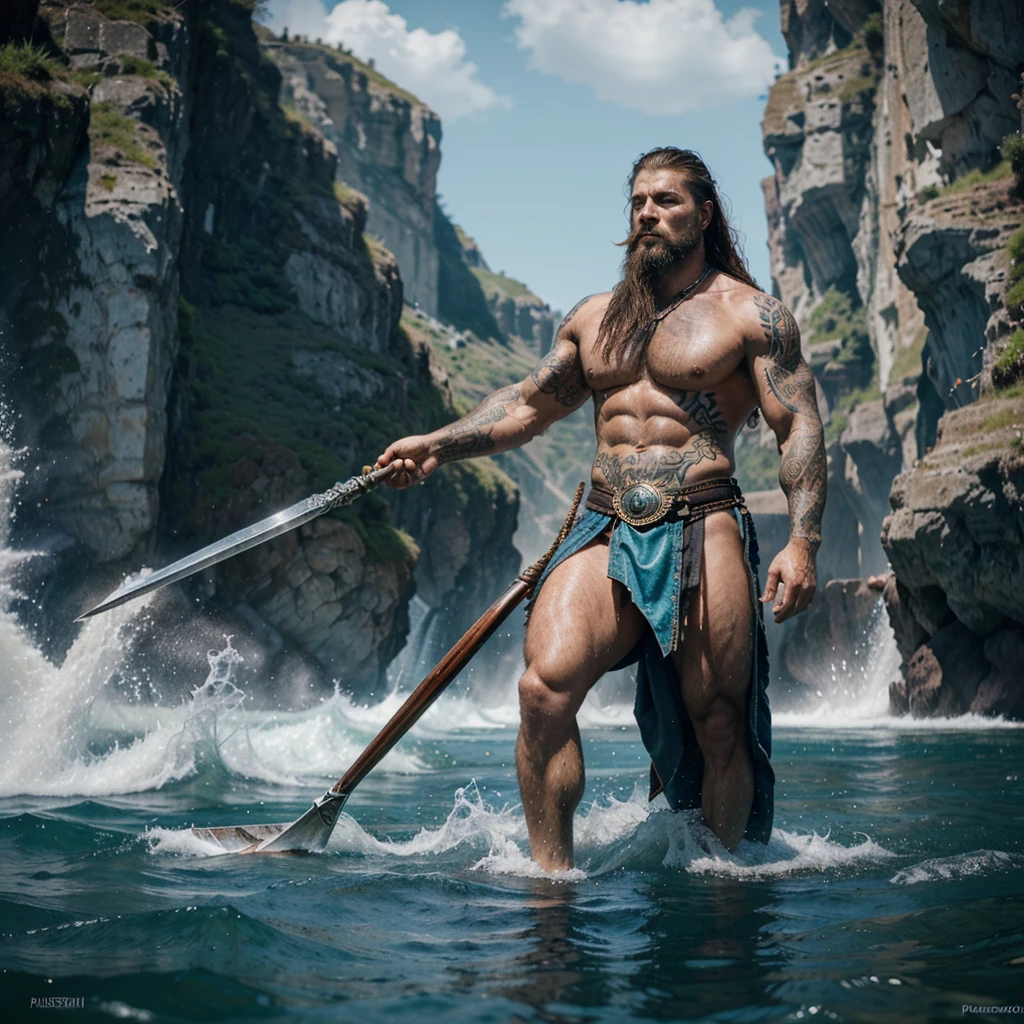 arafed woman with a long beard and a large spear in the water, a photorealistic painting by Hristofor Žefarović, pexels contest winner, fantasy art, the god poseidon, poseidon, masculine and strong, aquawoman aesthetic, muscular body tattooed, tattooed woman, viking god, viking style, muscular character