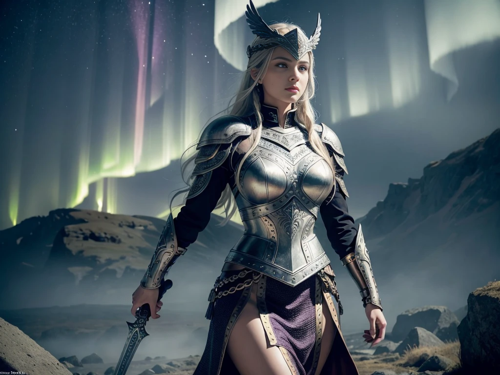 Create the Valkyrie look in authentic Norse style. She is a statuesque figure with long flowing golden hair braided with silver threads and adorned with raven feathers. Her piercing blue eyes reflect the wisdom of the ages. She wears intricate armor consisting of a silver breastplate engraved with an image of Yggdrasil, the world tree. A multi-layered chainmail skirt and arm guards are decorated with Nordic patterns. Atop her head sits a winged helmet reminiscent of those found in Viking archaeological finds. In her right hand, she holds Gram, a legendary sword with glowing runes etched into its blade. On her left arm is a round shield inscribed with the Valknut symbol, symbolizing fallen warriors. She stands on a misty battlefield littered with fallen heroes. In the background, ghostly images of einherjar (chosen warriors) rise toward Valhalla. The sky above features a swirling aurora borealis in shades of green and purple, while Odin’s ravens, Huginn and Muninn, fly overhead. The art style should mimic traditional Nordic wood and metal carvings, with bold lines and intricate intertwining patterns. Use a color palette inspired by Viking art: deep reds, rich golds, steel blues, and earthy browns. Capture the fierce beauty and otherworldly presence of the Valkyrie, who embodies both the warrior spirit and the bridge between the mortal world and the realm of the gods.”