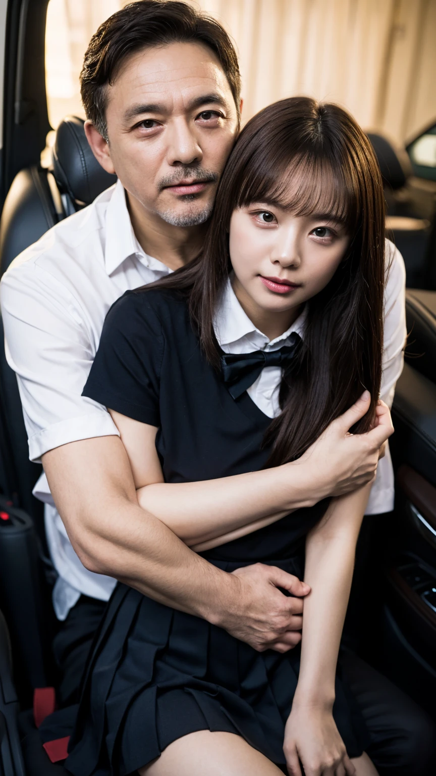 Japanese women、22 years old、1 woman and 1 middle-aged man、(Interior of a car)、(Sit in the passenger seat)、((Middle-aged man robs woman of her breasts:1.6))、(Middle aged man hugging from behind:1.6)、Front view、(small??:1.5)、(small胸:1.2)、(bangs)、(small), (masterpiece, Highest quality), ((Looking into the camera)),(((I can see your chest))),(Nipples are visible), whole body、I can see your thighs、(((Light brown hair))),Correct number of arms、White dress shirt、(school uniform)、White shirt、((Black pleated skirt))、A bow tie、Front view