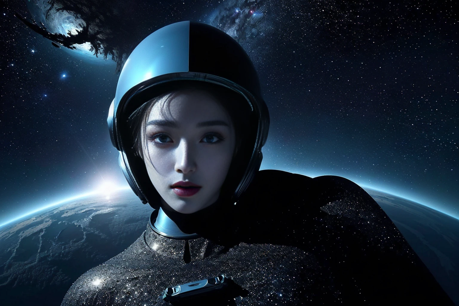 Highest quality masterpiece Beautiful alien from outer space Fantasy The background is space-like and dramatic. Photo style リアルFantasy