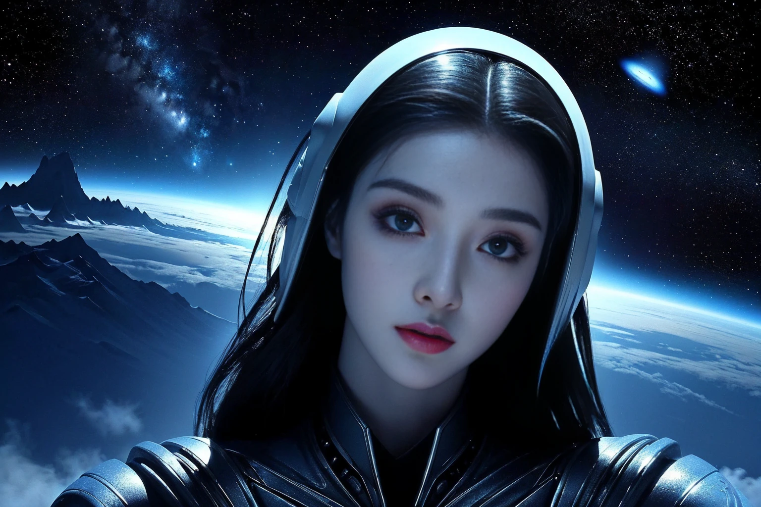 Highest quality　masterpiece　Beautiful alien from outer space　Fantasy　The background is space-like and dramatic.　Photo style　リアルFantasy