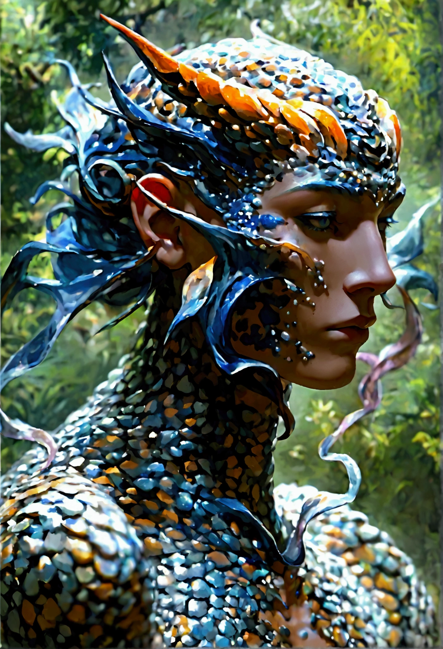 A male naga with Androgynous, delicate facial features that blend masculine Pale, porcelain-like skin with a soft, flawless complexion that radiates an almost ethereal quality Long, flowing hair that cascades around the face and shoulders, the color a rich, deep shade of blue or midnight black A slender, lithe upper body with a graceful, almost dancer-like posture, devoid of overt musculature Naga Traits: The naga’s lower body seamlessly transitions into a long, serpentine tail covered in glistening, iridescent scales that shift and glimmer with a mesmerizing array of colors The tail is powerful and sinuous, tapering to a dramatic point and suggesting the naga’s incredible strength and agility The naga’s hands may have a subtle clawed or reptilian quality, hinting at their dual nature. Upper half of his body is completely human while his lower half where his legs would be are that of a snake.