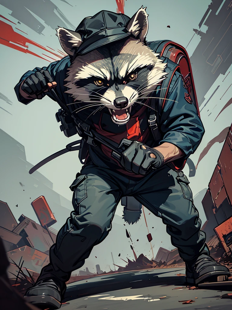 rage racoon illustration, angry face, shouted mouth, wearing black bicycle cap, holding a wrench, full body shot