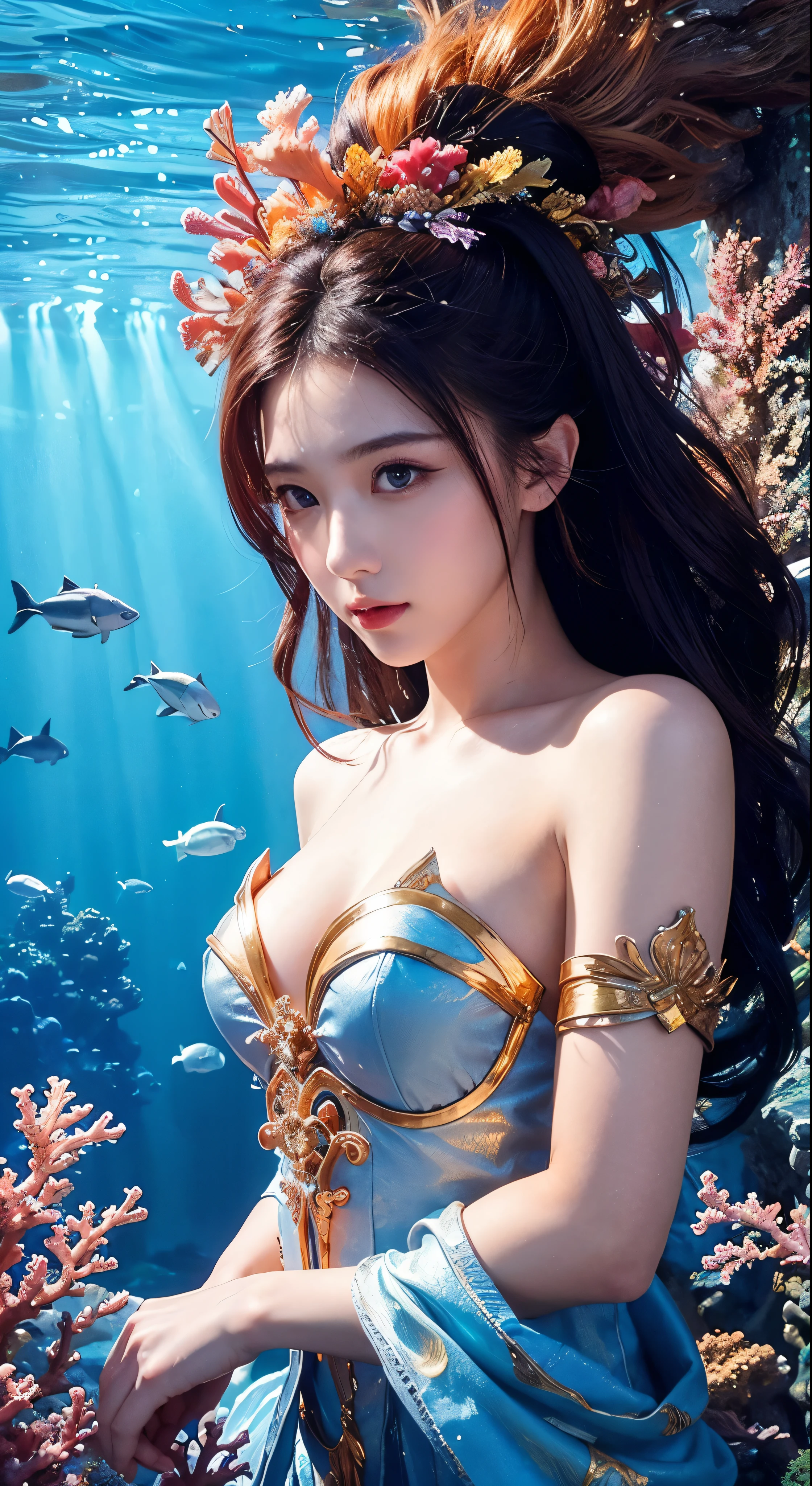 (masterpiece、Highest quality:1.2)、Super Detail、Cinematic lighting、HDR、Underwater world、The Goddess as her habitat in the sea、colorful、Beautiful monk、Colorful coral reefs、Very detailed、High contrast、Golden ratio composition、Magnificent view、masterpiece、Facial details