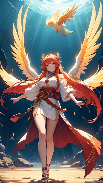 (masterpiece), best quality, expressive eyes, perfect face, fitness body, abs, perfect body, hourglass shape, full body view, orange hair, red eyes, fenyx girl, orange sandals, standing
Name: Hōō Kaori (Kaori Houou)
Appearance: Kaori has long, flowing hair with shades of crimson, gold, and orange, resembling the vibrant plumage of a phoenix. Her eyes burn with an inner fire, shining like bright rubies. She possesses delicate, almost ethereal features, with a slender yet athletic build. Her wings are her most striking feature - magnificent, feathered wings that shimmer with a fiery glow, as if kissed by the sun.
Personality: Kaori embodies the spirit of the phoenix - fiery, passionate, and resilient. She is a natural-born leader, with a strong sense of justice and compassion. Her determination and courage inspire others to follow her, and she will stop at nothing to protect her friends and allies.
Abilities: Kaori can control and manipulate fire, summoning flames from thin air and shaping them to her will. She can also heal wounds and purify darkness with her radiant energy. Her wings allow her to soar through the skies and traverse vast distances with ease.
Attire: Kaori wears a flowing white and orange robe, cinched at the waist with a golden sash, symbolizing her connection to the phoenix. Around her neck, she wears a delicate, gemstone-encrusted pendant in the shape of a phoenix feather.
Setting: Avian, a mystical realm of floating islands, shimmering auroras, and winged creatures. The fenyx girl, named Luna, inhabits the Dreamcatcher's Journey, a mystical path that weaves through the islands, where she harnesses the power of the aurora and learns to control her ethereal wings.