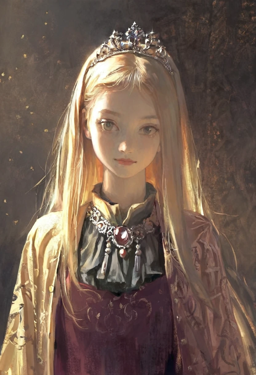 score_9, score_8_up, score_7_up, score_6_up, score_5_up, score_4_up, fkey70, A blonde girl standing, royal clothes, anime painting, no tiara, loose long hair, black background, dramatic diagonal lighting, painterly, realistic painting, soft feature, detailed clothes, detailed, rembrandt lighting, artwork of upper body