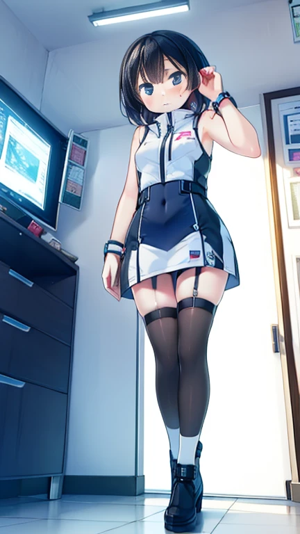 (Highest quality), (masterpiece), 1080P, High resolution, 4K, 8k, Inside the space station、Futuristic room、Thigh straps, Shooting from directly below, The woman on top of me, Nipples, 白いSweat, Covered , Sweat, Woman looking down, Micro Bikini, Skirt swimsuit, Thigh-high socks, To achieve this, , Small breasts, whole body, Black leather shoes, Braided hair, Inner Color, Embarrassed face, Short black hair, bracelet, Bedroom,celestial body_Vest