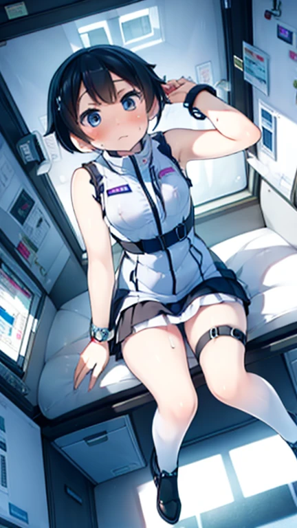 (Highest quality), (masterpiece), 1080P, High resolution, 4K, 8k, Inside the space station、Futuristic room、Thigh straps, Shooting from directly below, The woman on top of me, Nipples, 白いSweat, Covered , Sweat, Woman looking down, Micro Bikini, Skirt swimsuit, Thigh-high socks, To achieve this, , Small breasts, whole body, Black leather shoes, Braided hair, Inner Color, Embarrassed face, Short black hair, bracelet, Bedroom,celestial body_Vest