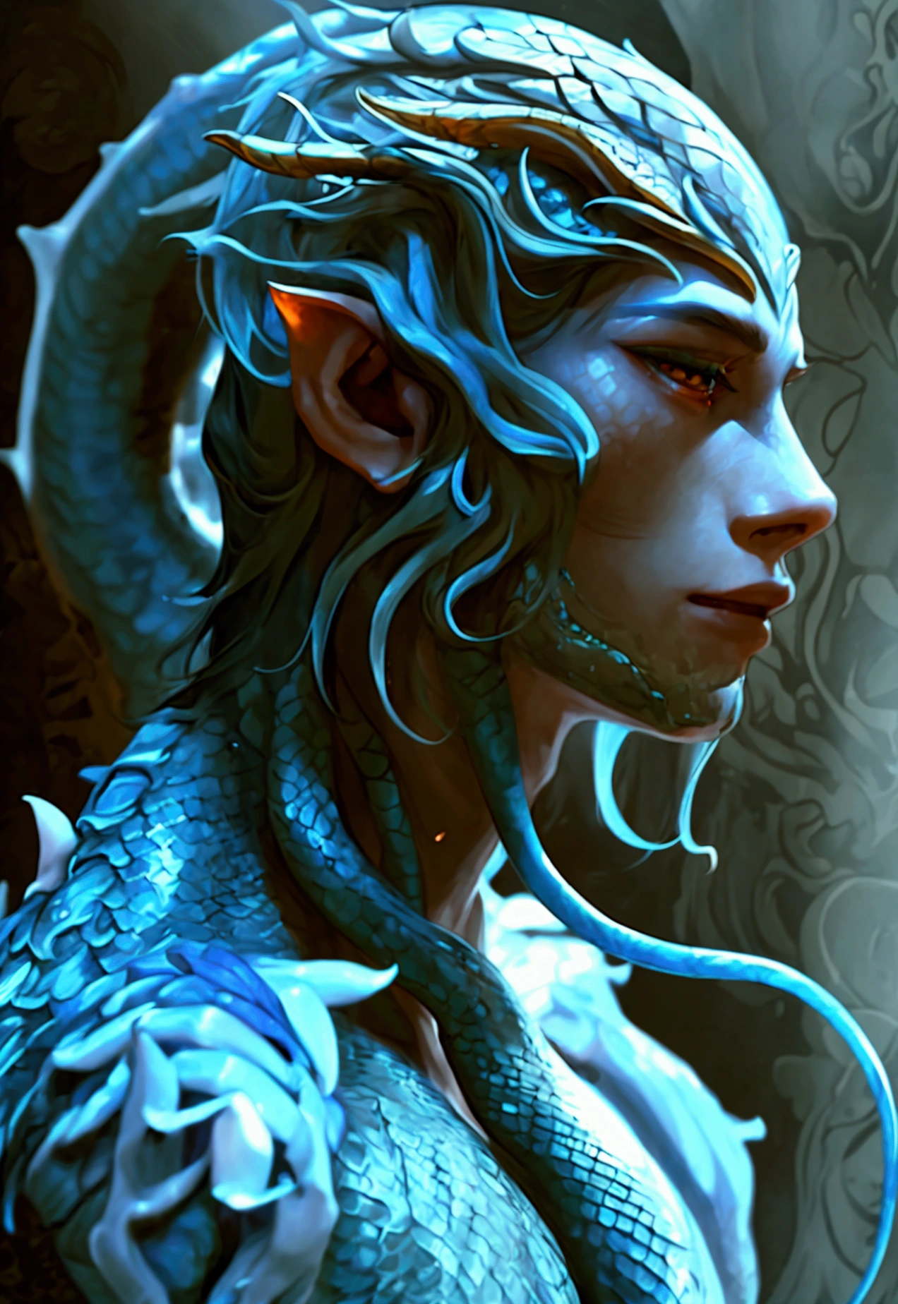 A male naga with Androgynous, delicate facial features that blend masculine Pale, porcelain-like skin with a soft, flawless complexion that radiates an almost ethereal quality Long, flowing hair that cascades around the face and shoulders, the color a rich, deep shade of blue or midnight black A slender, lithe upper body with a graceful, almost dancer-like posture, devoid of overt musculature Naga Traits: The naga’s lower body seamlessly transitions into a long, serpentine tail covered in glistening, iridescent scales that shift and glimmer with a mesmerizing array of colors The tail is powerful and sinuous, tapering to a dramatic point and suggesting the naga’s incredible strength and agility The naga’s hands may have a subtle clawed or reptilian quality, hinting at their dual nature. Upper half of his body is completely human while his lower half where his legs would be are that of a snake.