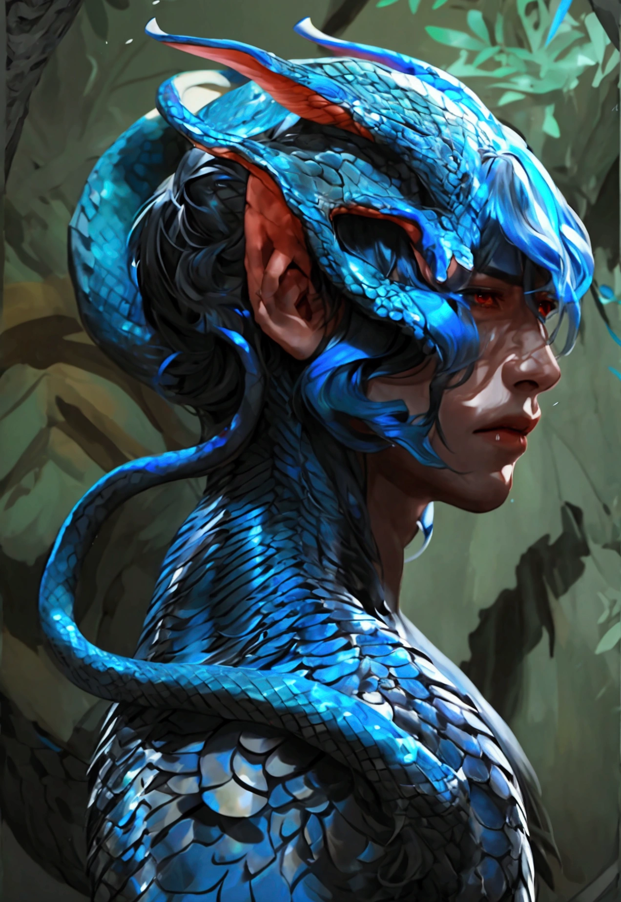 A male naga with Androgynous, delicate facial features that blend masculine Pale, porcelain-like skin with a soft, flawless complexion that radiates an almost ethereal quality Long, flowing hair that cascades around the face and shoulders, the color a rich, deep shade of blue or midnight black A slender, lithe upper body with a graceful, almost dancer-like posture, devoid of overt musculature Naga Traits: The naga’s lower body seamlessly transitions into a long, serpentine tail covered in glistening, iridescent scales that shift and glimmer with a mesmerizing array of colors The tail is powerful and sinuous, tapering to a dramatic point and suggesting the naga’s incredible strength and agility The naga’s hands may have a subtle clawed or reptilian quality, hinting at their dual nature. Upper half of his body is completely human while his lower half where his legs would be are that of a snake.