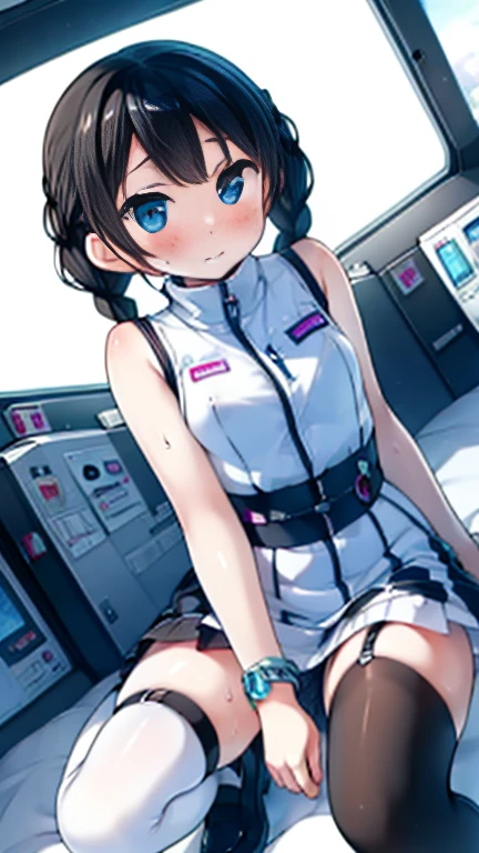 (Highest quality), (masterpiece), 1080P, High resolution, 4K, 8k, Inside the space station、Futuristic room、Thigh straps, Shooting from directly below, The woman on top of me, Nipples, 白いSweat, Covered , Sweat, Woman looking down, Micro Bikini, Skirt swimsuit, Thigh-high socks, To achieve this, 16 years old, Small breasts, whole body, Black leather shoes, Braided hair, Inner Color, Embarrassed face, Short black hair, bracelet, Bedroom,celestial body_Vest:1.7
