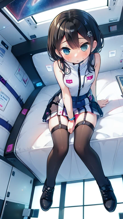 (Highest quality), (masterpiece), 1080P, High resolution, 4K, 8k, Inside the space station、Futuristic room、Thigh straps, Shooting from directly below, The woman on top of me, Nipples, 白いSweat, Covered , Sweat, Woman looking down, Micro Bikini, Skirt swimsuit, Thigh-high socks, To achieve this, , Small breasts, whole body, Black leather shoes, Braided hair, Inner Color, Embarrassed face, Short black hair, bracelet, Bedroom,celestial body_Vest:1.7
