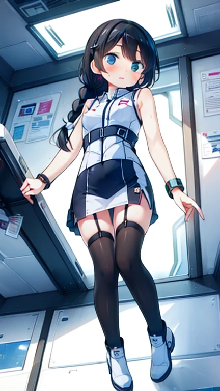 (Highest quality), (masterpiece), 1080P, High resolution, 4K, 8k, Inside the space station、Futuristic room、Thigh straps, Shooting from directly below, The woman on top of me, Nipples, 白いSweat, Covered , Sweat, Woman looking down, Micro Bikini, Skirt swimsuit, Thigh-high socks, To achieve this, 16 years old, Small breasts, whole body, Black leather shoes, Braided hair, Inner Color, Embarrassed face, Short black hair, bracelet, Bedroom,celestial body_Vest:1.7